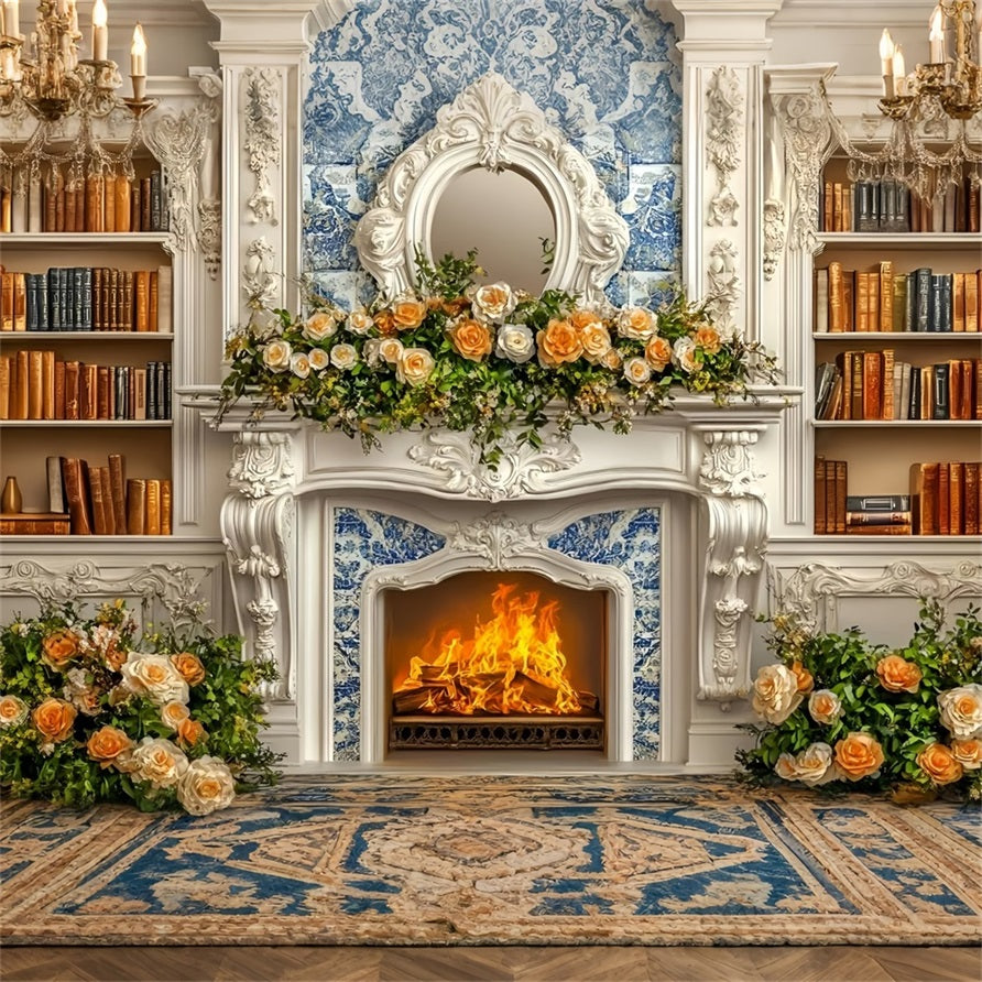 Weihnachten Kamin Fotohintergrund Romantisch Champagner Rose Bücherregal Wand Weihnachten Fotohintergrund für Fotos GQ58-18