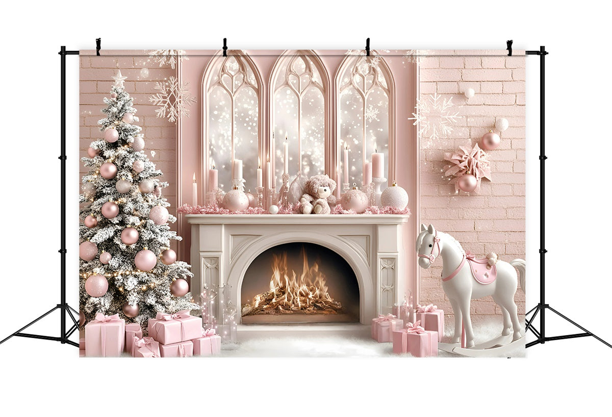 Weihnachten Kamin Kulisse Pferd Spielzeug Kindertraum Prinzessin Stil Rosa Weihnachten Fotohintergrund GQ58-20