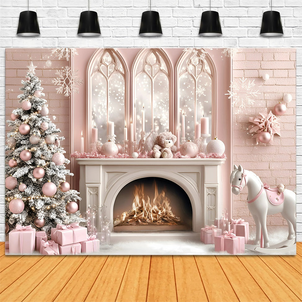 Weihnachten Kamin Kulisse Pferd Spielzeug Kindertraum Prinzessin Stil Rosa Weihnachten Fotohintergrund GQ58-20
