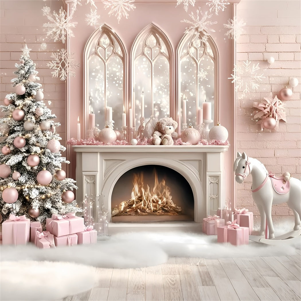 Weihnachten Kamin Kulisse Pferd Spielzeug Kindertraum Prinzessin Stil Rosa Weihnachten Fotohintergrund GQ58-20