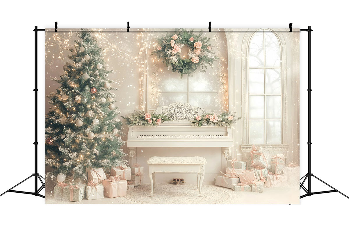 Hochauflösender WeihnachtsFotohintergrund Elegantes Klavierzimmer Urlaub Rosa WeihnachtsFotohintergrund GQ58-26
