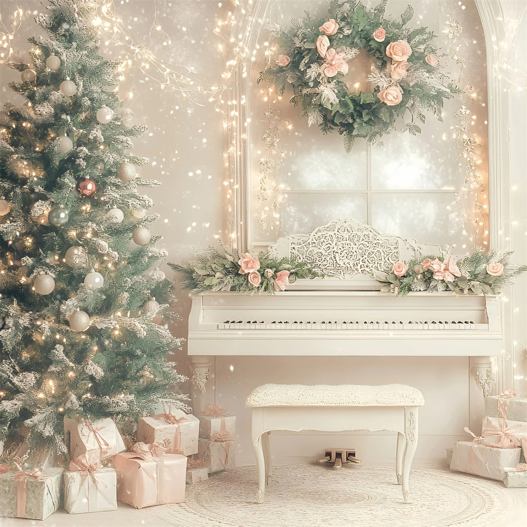 Hochauflösender WeihnachtsFotohintergrund Elegantes Klavierzimmer Urlaub Rosa WeihnachtsFotohintergrund GQ58-26