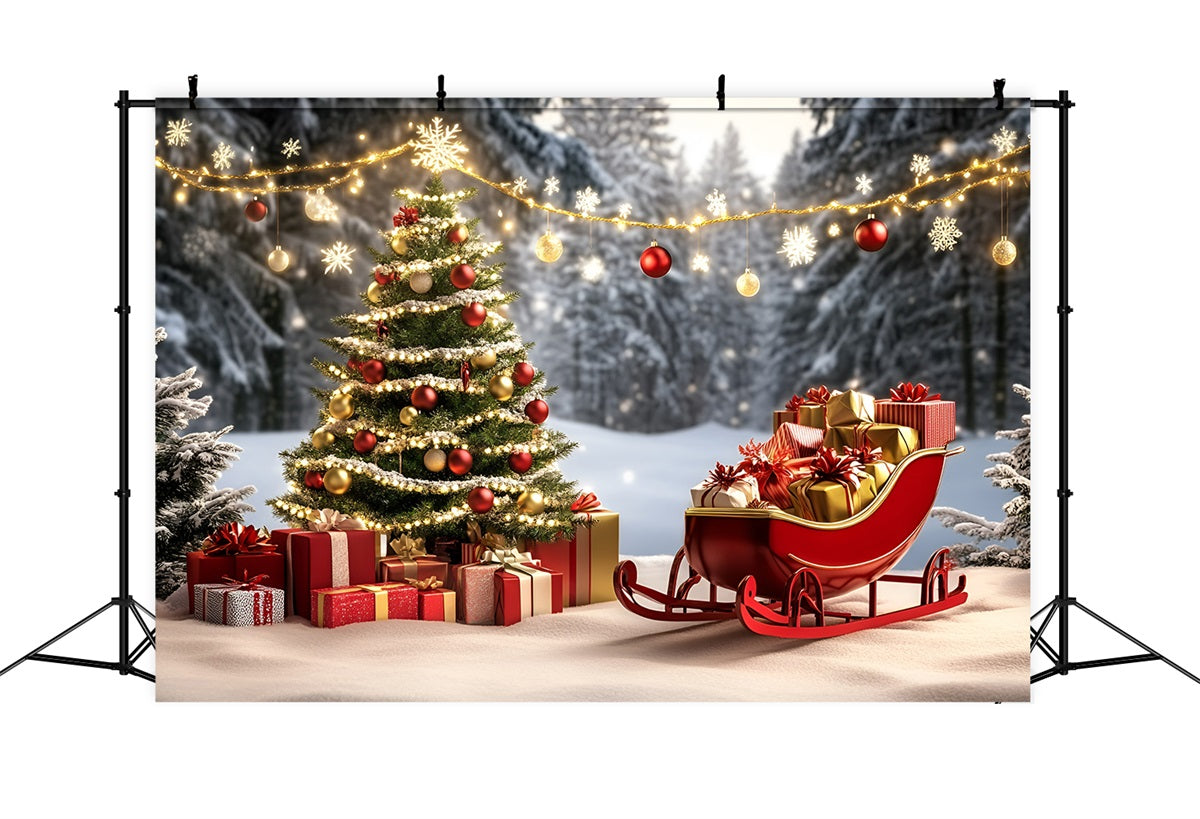 Hochauflösender WeihnachtsFotohintergrund Roter Schlitten und goldene Geschenke Weihnachtsbaum-Fotohintergrund GQ58-27