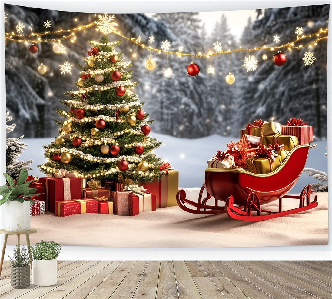 Hochauflösender WeihnachtsFotohintergrund Roter Schlitten und goldene Geschenke Weihnachtsbaum-Fotohintergrund GQ58-27