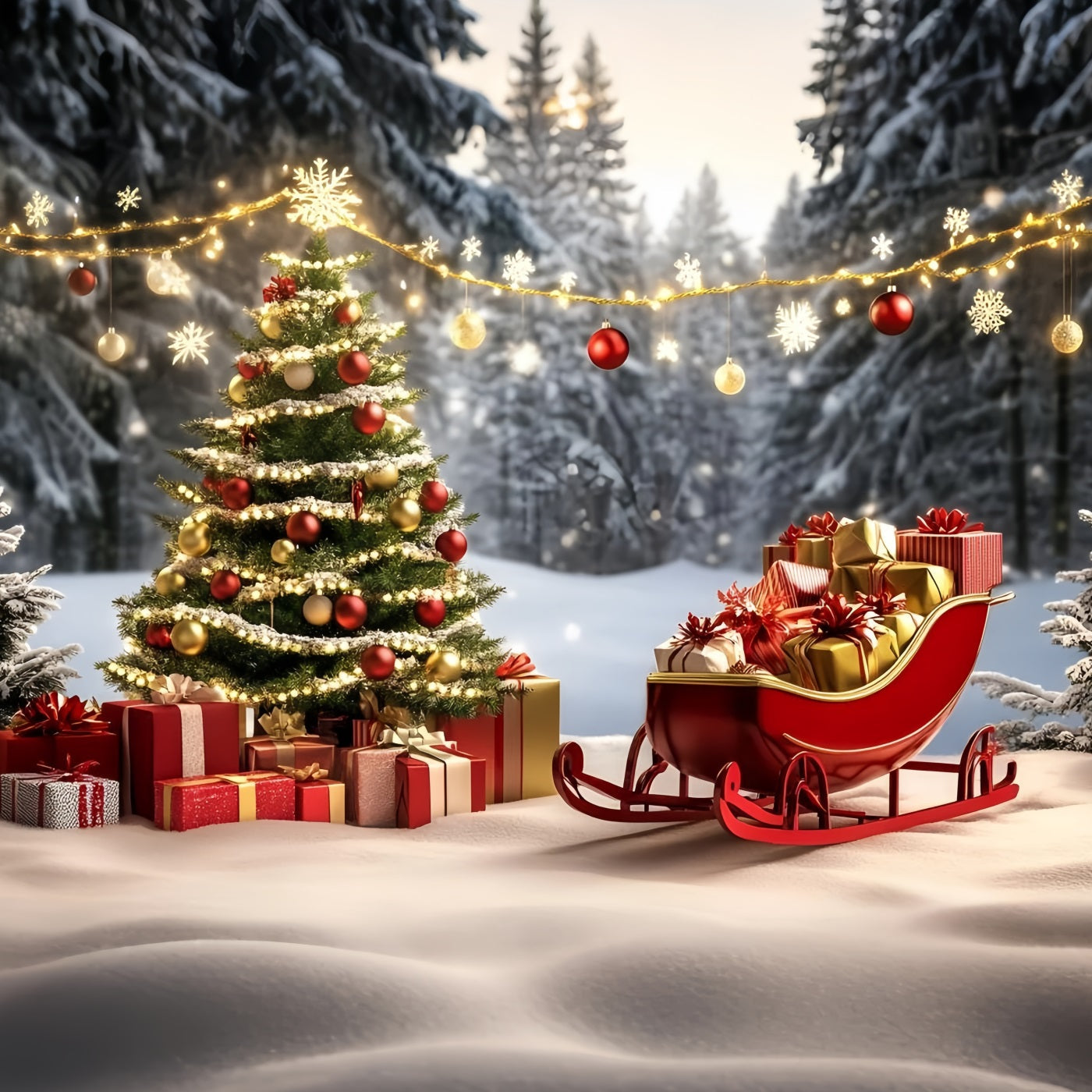 Hochauflösender WeihnachtsFotohintergrund Roter Schlitten und goldene Geschenke Weihnachtsbaum-Fotohintergrund GQ58-27