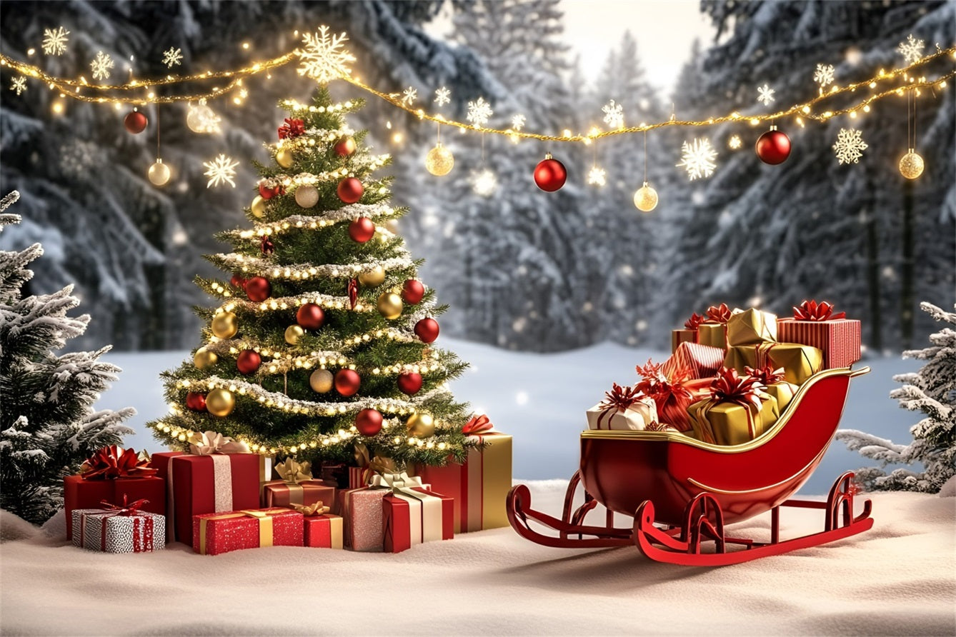 Hochauflösender WeihnachtsFotohintergrund Roter Schlitten und goldene Geschenke Weihnachtsbaum-Fotohintergrund GQ58-27