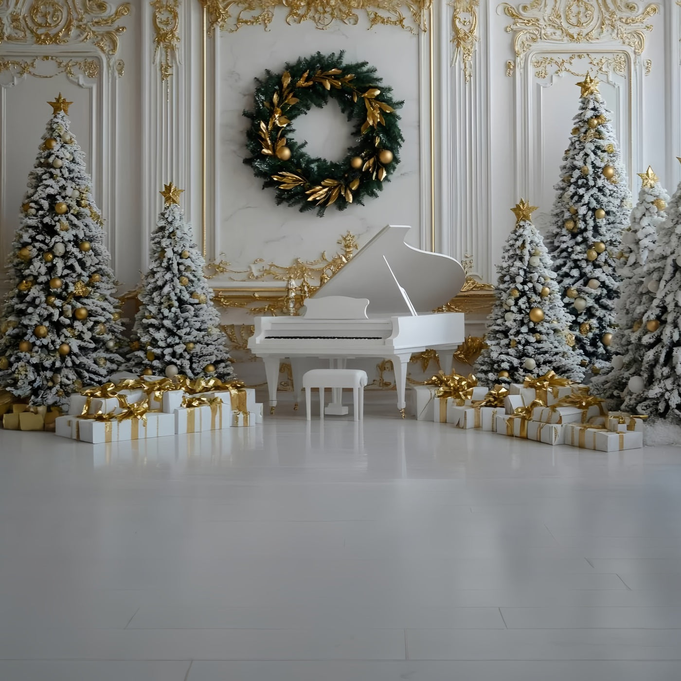 Hochauflösende Weihnachten Fotohintergrund Weiß Klavier Gold Ornament Dekor Weihnachten Foto Fotohintergrund GQ58-28