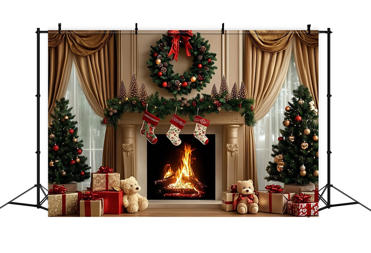Hochauflösende Weihnachten Fotohintergrund Kamin Kranz Teddy Geschenk Display Weihnachten Fotohintergründe GQ58-29