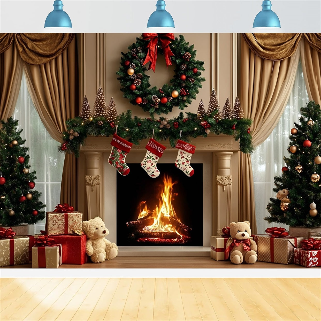 Hochauflösende Weihnachten Fotohintergrund Kamin Kranz Teddy Geschenk Display Weihnachten Fotohintergründe GQ58-29