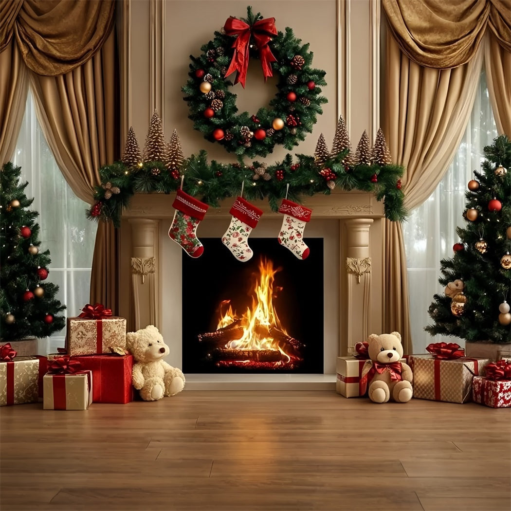 Hochauflösende Weihnachten Fotohintergrund Kamin Kranz Teddy Geschenk Display Weihnachten Fotohintergründe GQ58-29