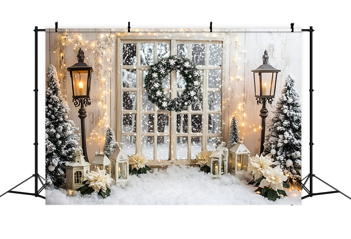 Holiday Studiohintergrund Verschneiter Fensterkranz Beleuchtetes Weißes Weihnachten Backdrop GQ58-3