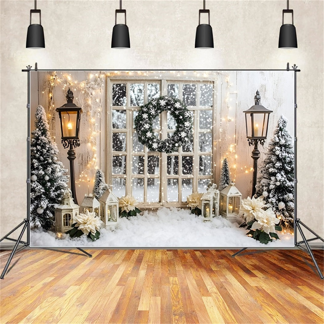 Holiday Studiohintergrund Verschneiter Fensterkranz Beleuchtetes Weißes Weihnachten Backdrop GQ58-3