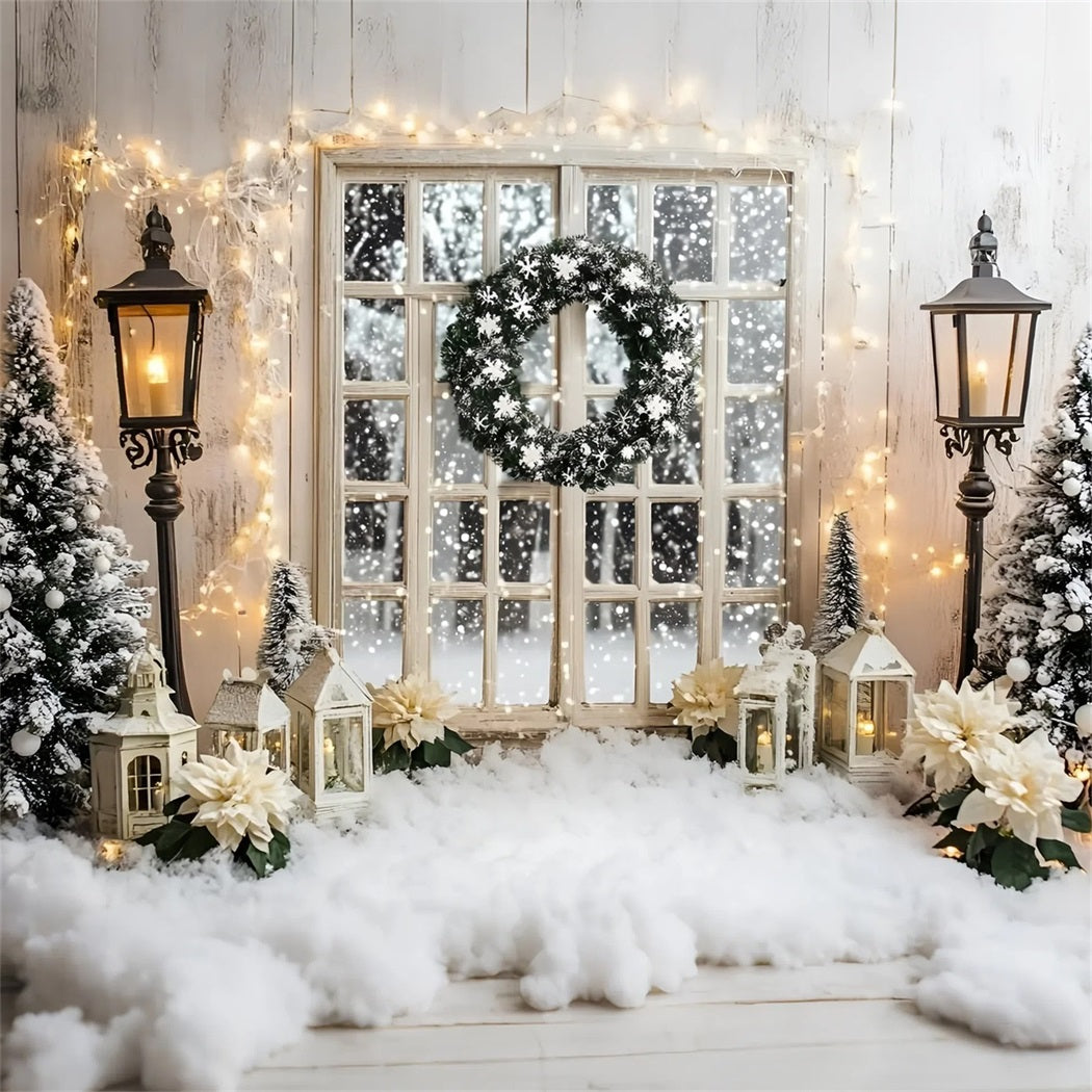 Holiday Studiohintergrund Verschneiter Fensterkranz Beleuchtetes Weißes Weihnachten Backdrop GQ58-3