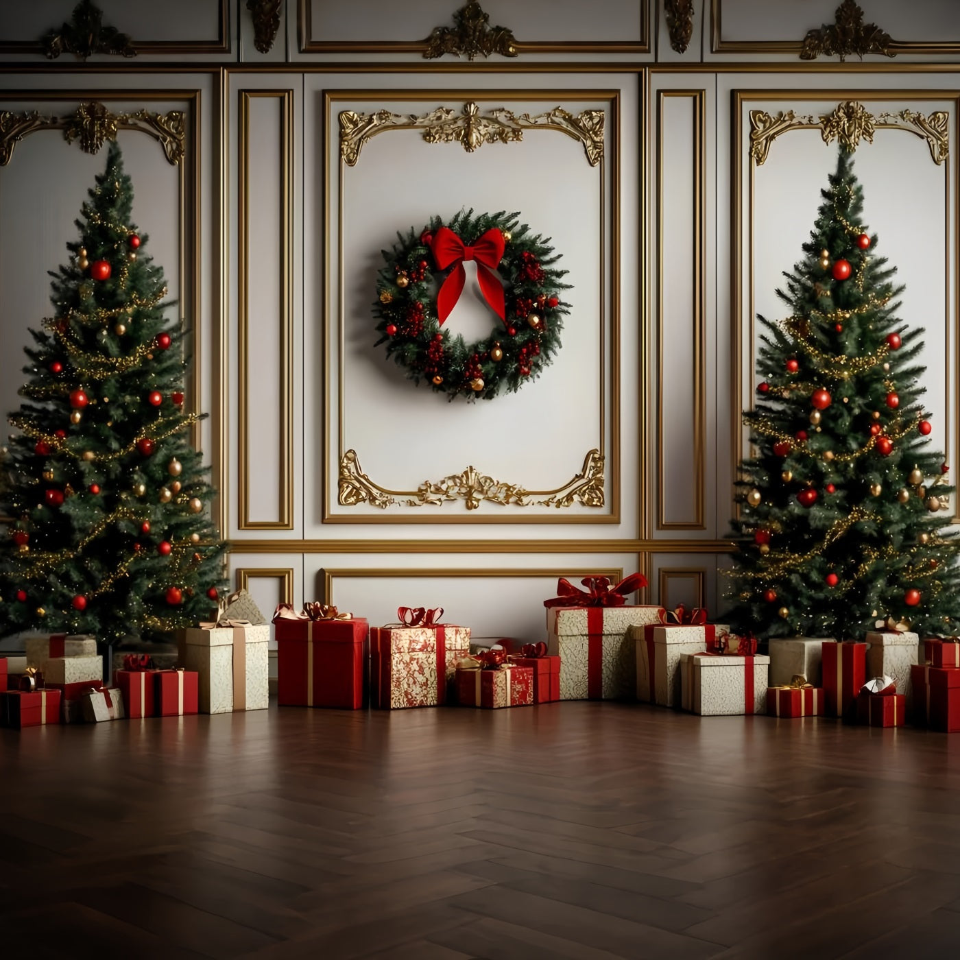 Hochauflösende Weihnachten Backdrop Classic Gold Rot Trimmed Wand Weihnachten Foto Studiohintergrund GQ58-30