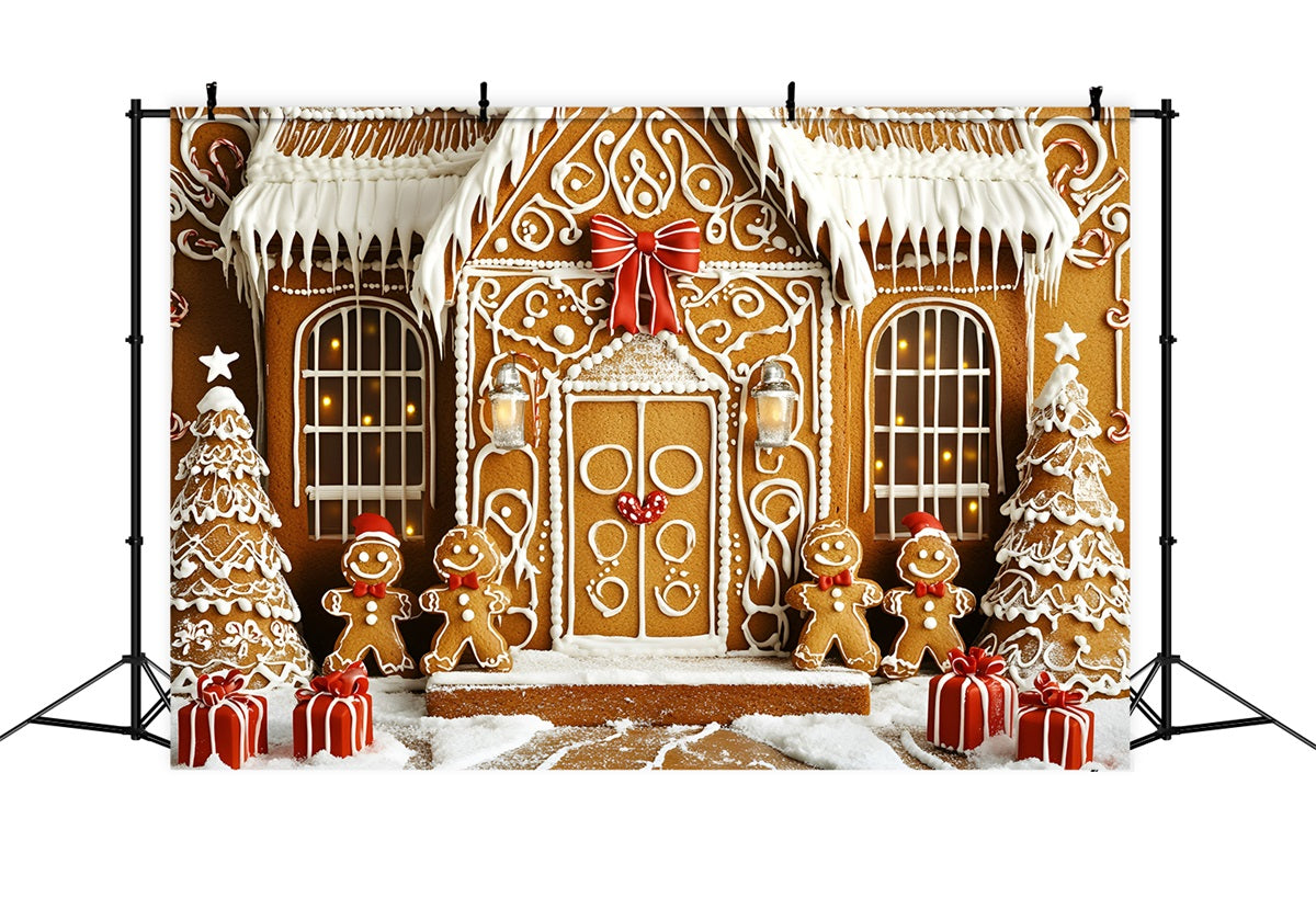 Lebkuchen Backdrop Iced Cookie Mansion mit Geschenke Weihnachten Studiohintergrund Verkauf GQ58-33