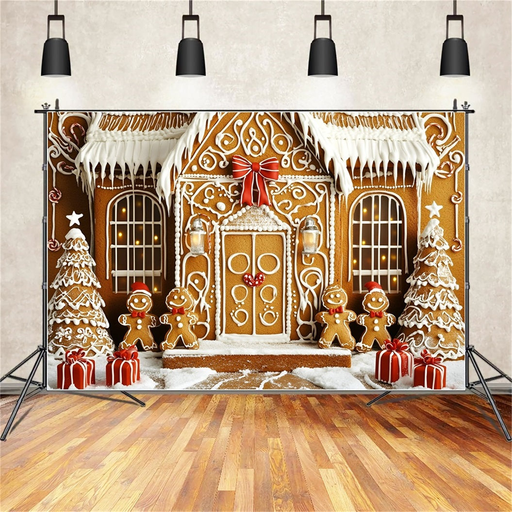 Lebkuchen Backdrop Iced Cookie Mansion mit Geschenke Weihnachten Studiohintergrund Verkauf GQ58-33