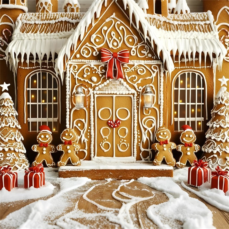 Lebkuchen Backdrop Iced Cookie Mansion mit Geschenke Weihnachten Studiohintergrund Verkauf GQ58-33