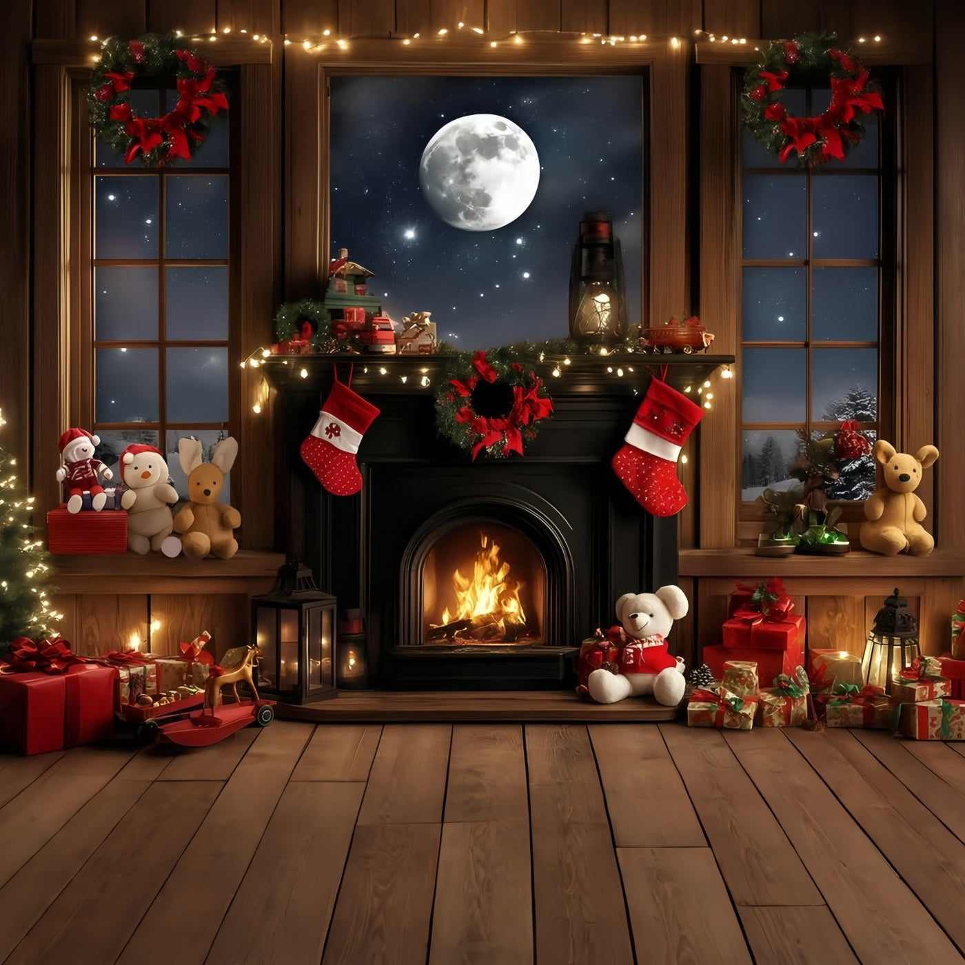 Holiday Photo Backdrop VollMoon Kamin Gemütliche Weihnachten Weihnachten Studiohintergrund 10x10 GQ58-36