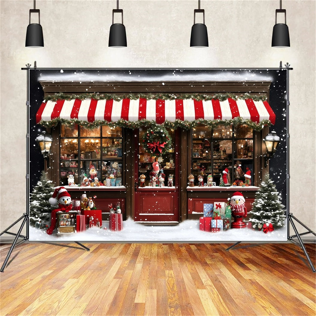 Holiday Photo Backdrop Gestreifte Markise Verschneites Spielzeuggeschäft Weihnachtsfotografie Studiohintergrund GQ58-38