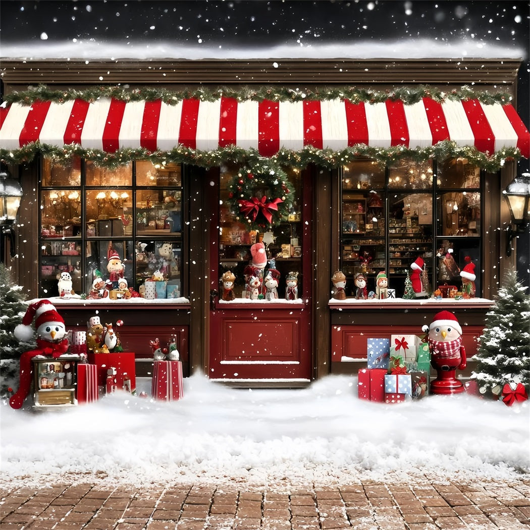 Holiday Photo Backdrop Gestreifte Markise Verschneites Spielzeuggeschäft Weihnachtsfotografie Studiohintergrund GQ58-38
