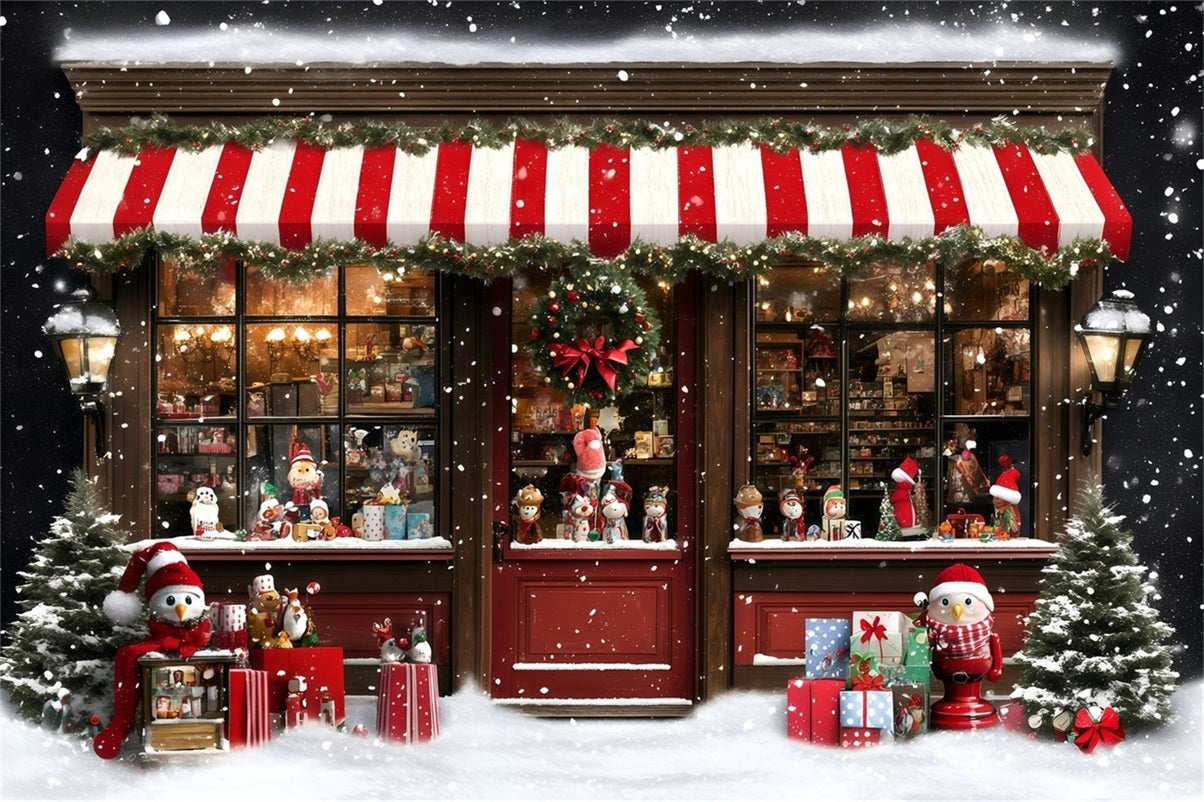 Holiday Photo Backdrop Gestreifte Markise Verschneites Spielzeuggeschäft Weihnachtsfotografie Studiohintergrund GQ58-38