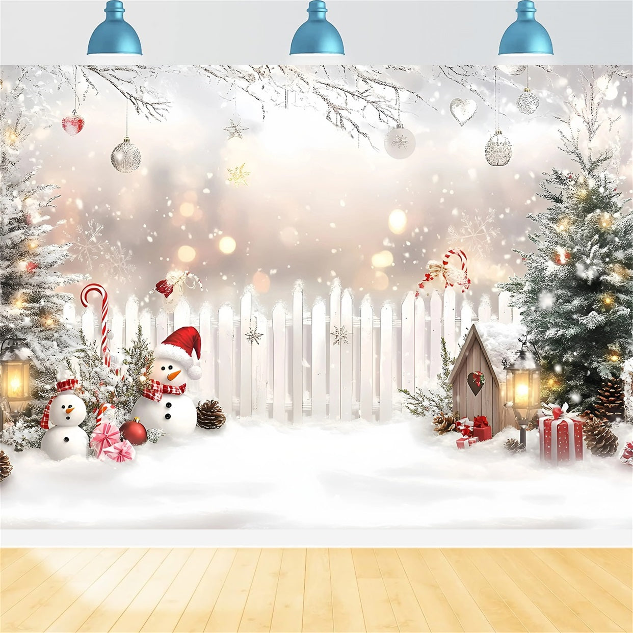 Holiday Studiohintergrund Zuckerstangen Schneemann Weißer Zaun Weißer WeihnachtsFotohintergrund GQ58-4