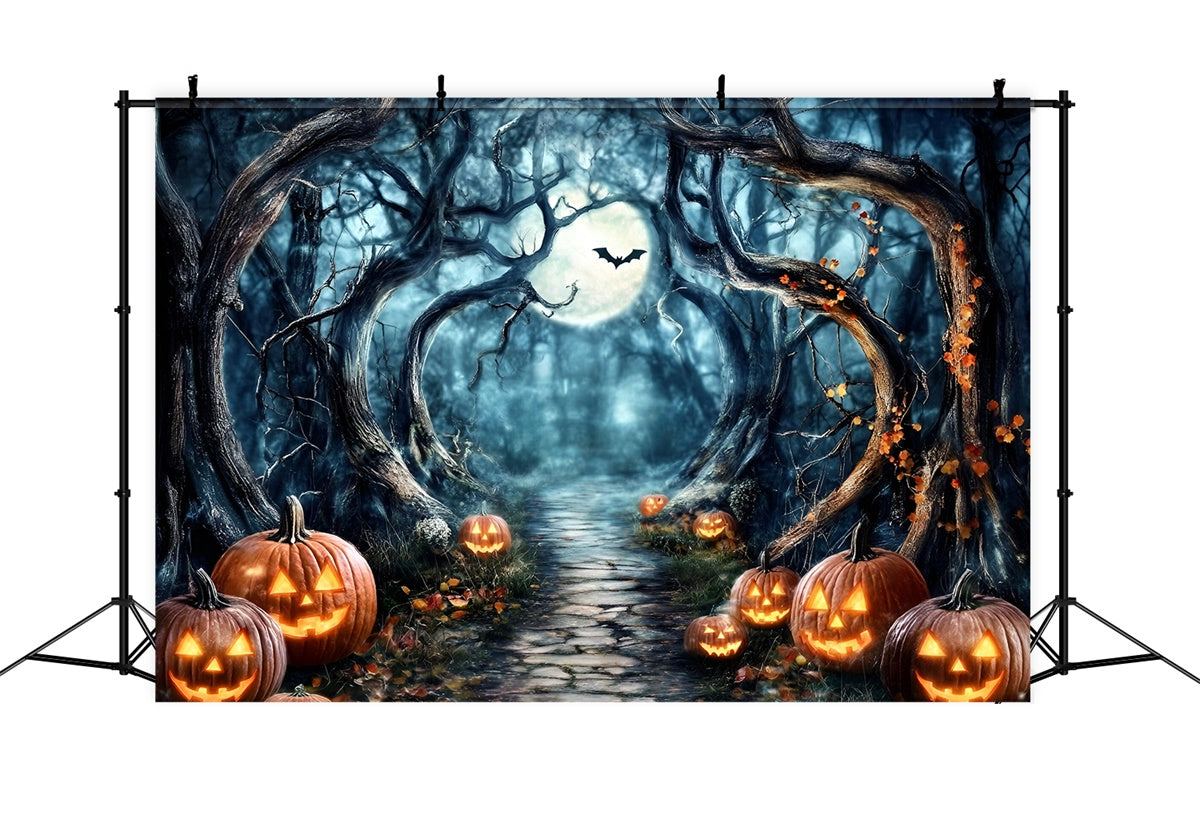Spooky Forest Hintergrund Mondschein Kürbis Pfad Halloween Hintergrund GQ6-182