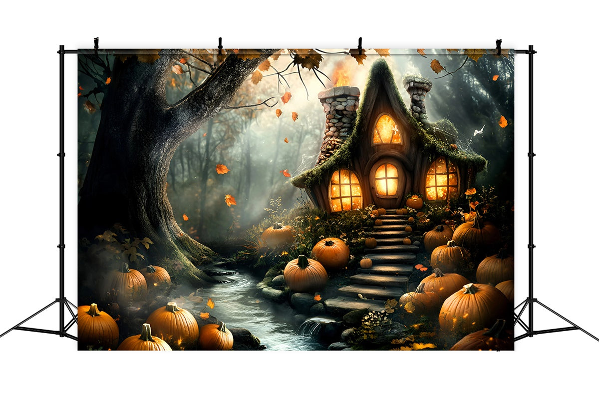 Waldhintergrund Gespenstische Kürbishütte Halloween-Hintergrund GQ6-195