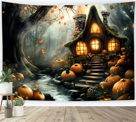 Waldhintergrund Gespenstische Kürbishütte Halloween-Hintergrund GQ6-195