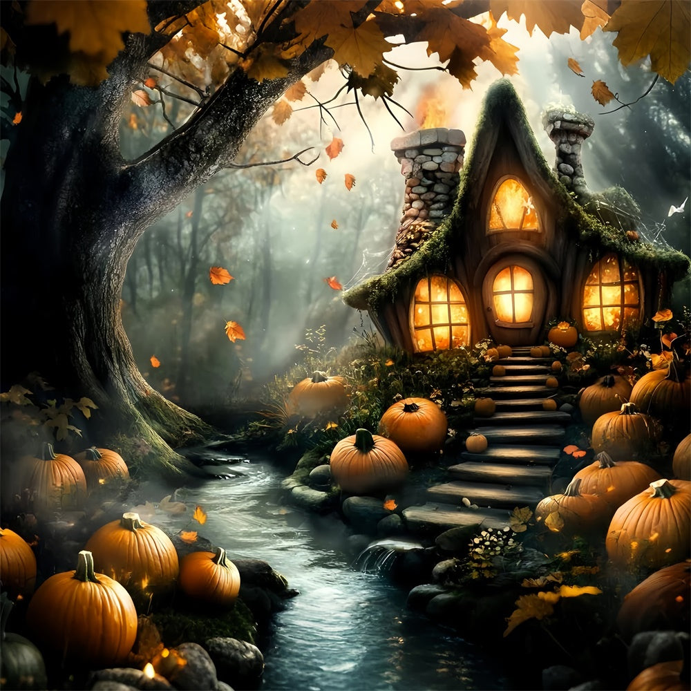 Waldhintergrund Gespenstische Kürbishütte Halloween-Hintergrund GQ6-195