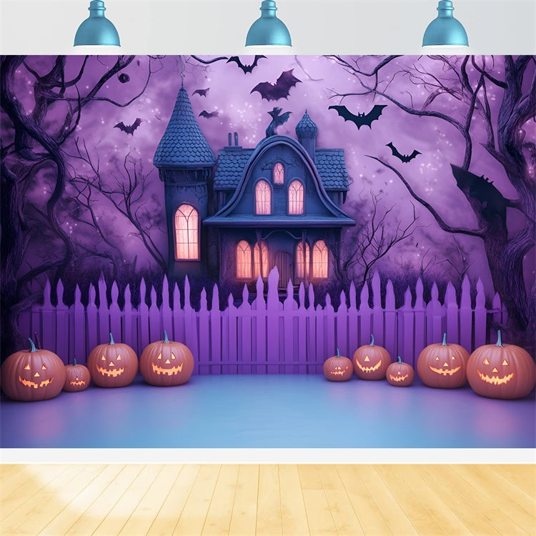 Gruselige Halloween-Hintergrundkulisse Creepy Purple Haunted House Backdrop GQ6-227