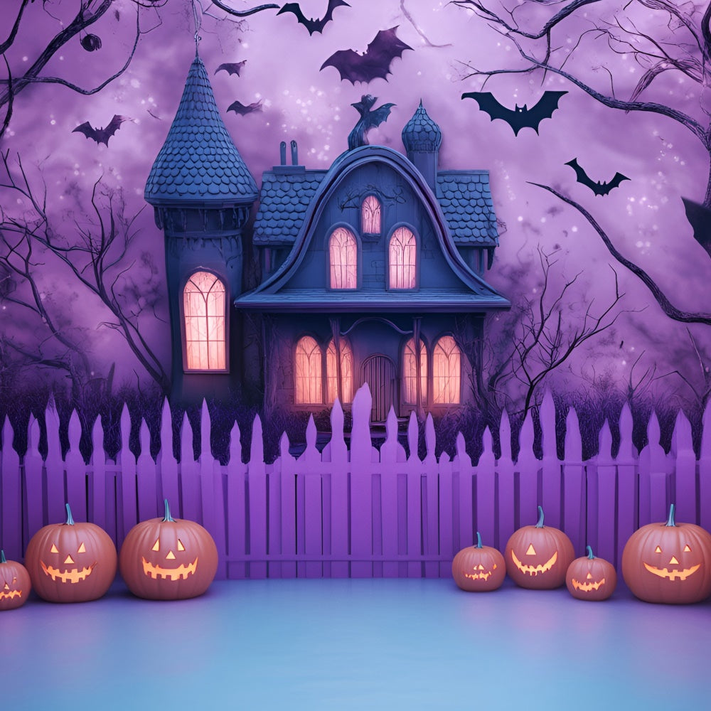 Gruselige Halloween-Hintergrundkulisse Creepy Purple Haunted House Backdrop GQ6-227