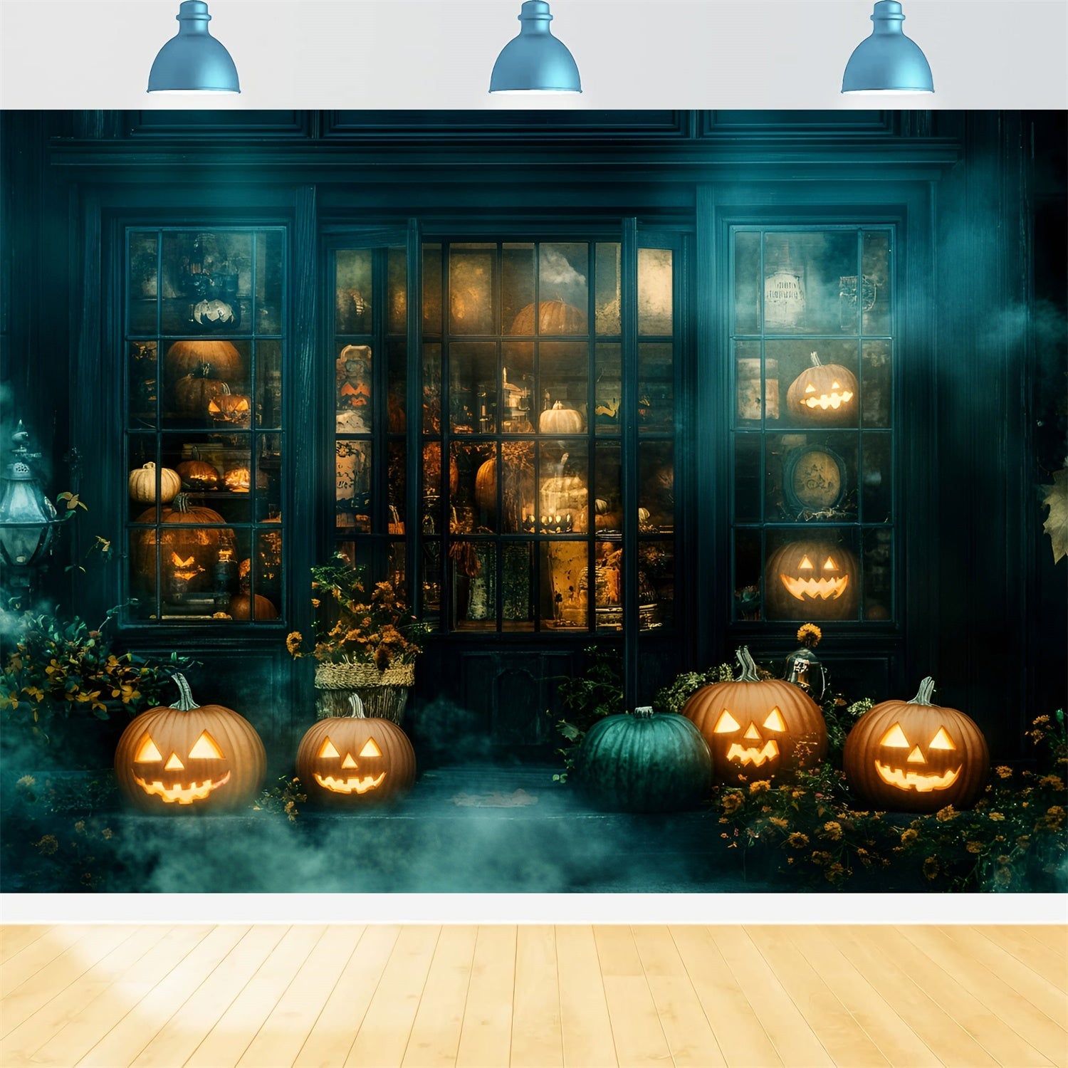 Halloween Backdrop Ideen Gespenstische neblige Laden Szene Hintergrund GQ6-238