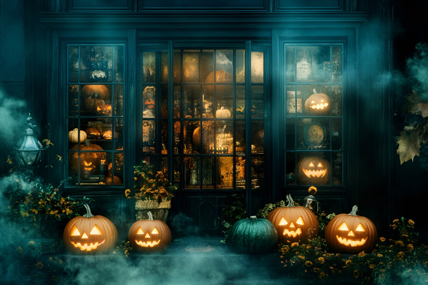 Halloween Backdrop Ideen Gespenstische neblige Laden Szene Hintergrund GQ6-238