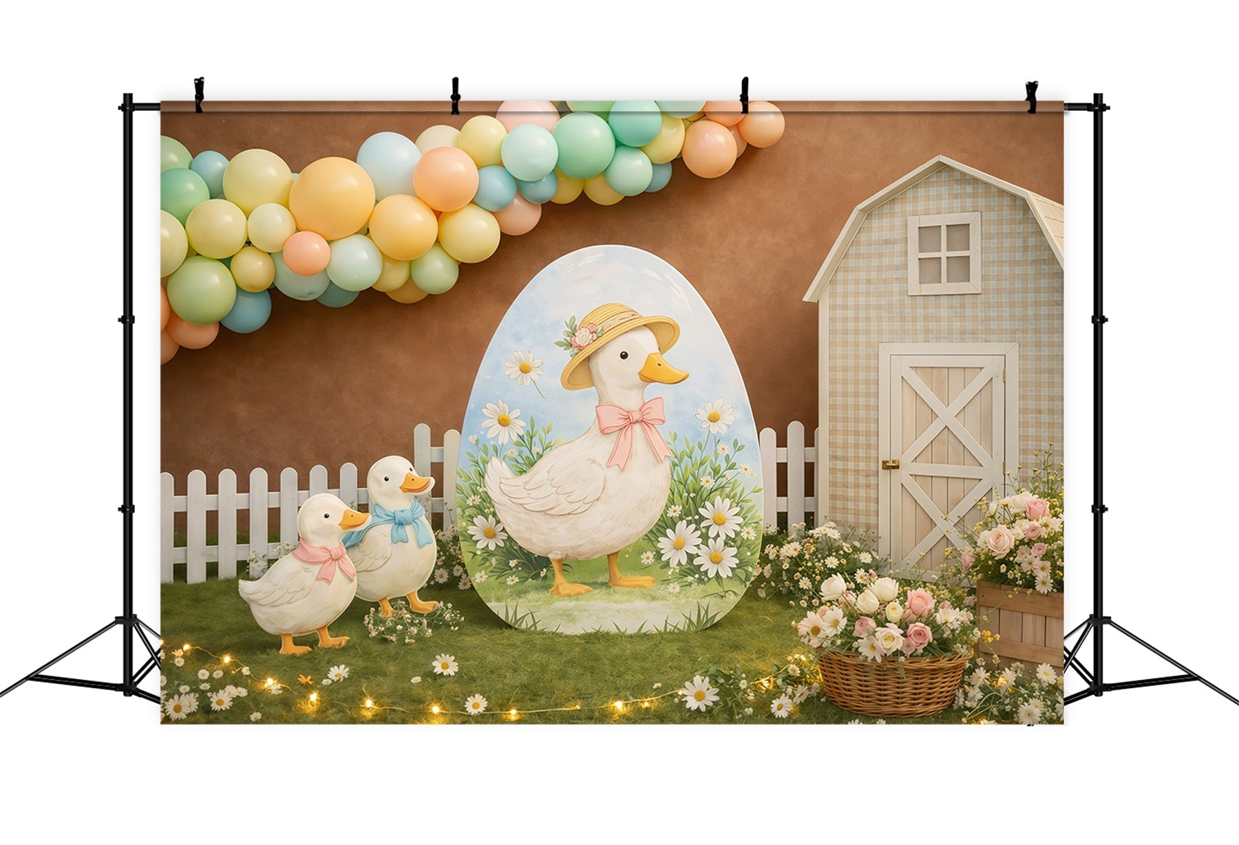 Oster-Hintergrund mit Luftballons Niedliche Entenfarm Gänseblümchen-Hintergrund für Ostern GQ61-22