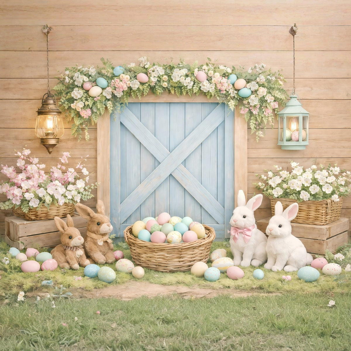 Oster-Baby-Hintergrund Rustikaler Hasen-Scheunentor-Osterfotografie-Hintergrund GQ61-28