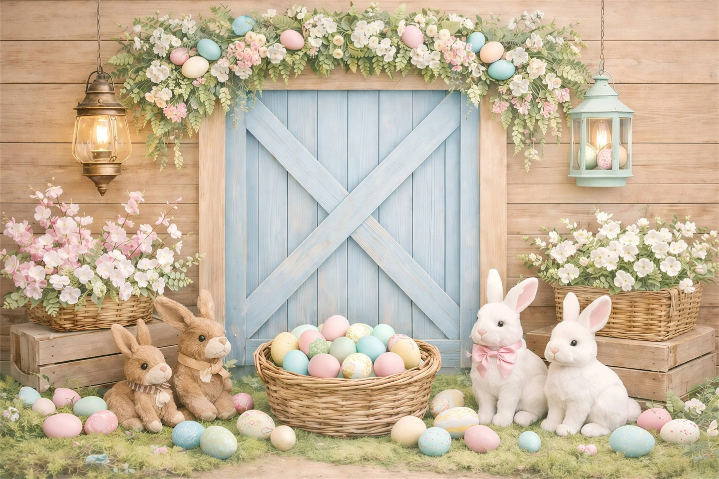 Oster-Baby-Hintergrund Rustikaler Hasen-Scheunentor-Osterfotografie-Hintergrund GQ61-28