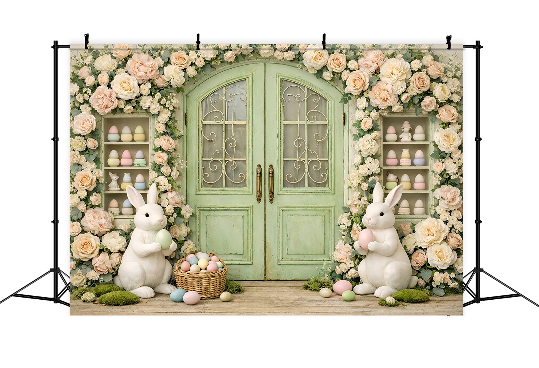 Fotografie Osterhase-Hintergrund Vintage-Garten-Kranz Türöffnung Oster-Themenhintergrund GQ61-29