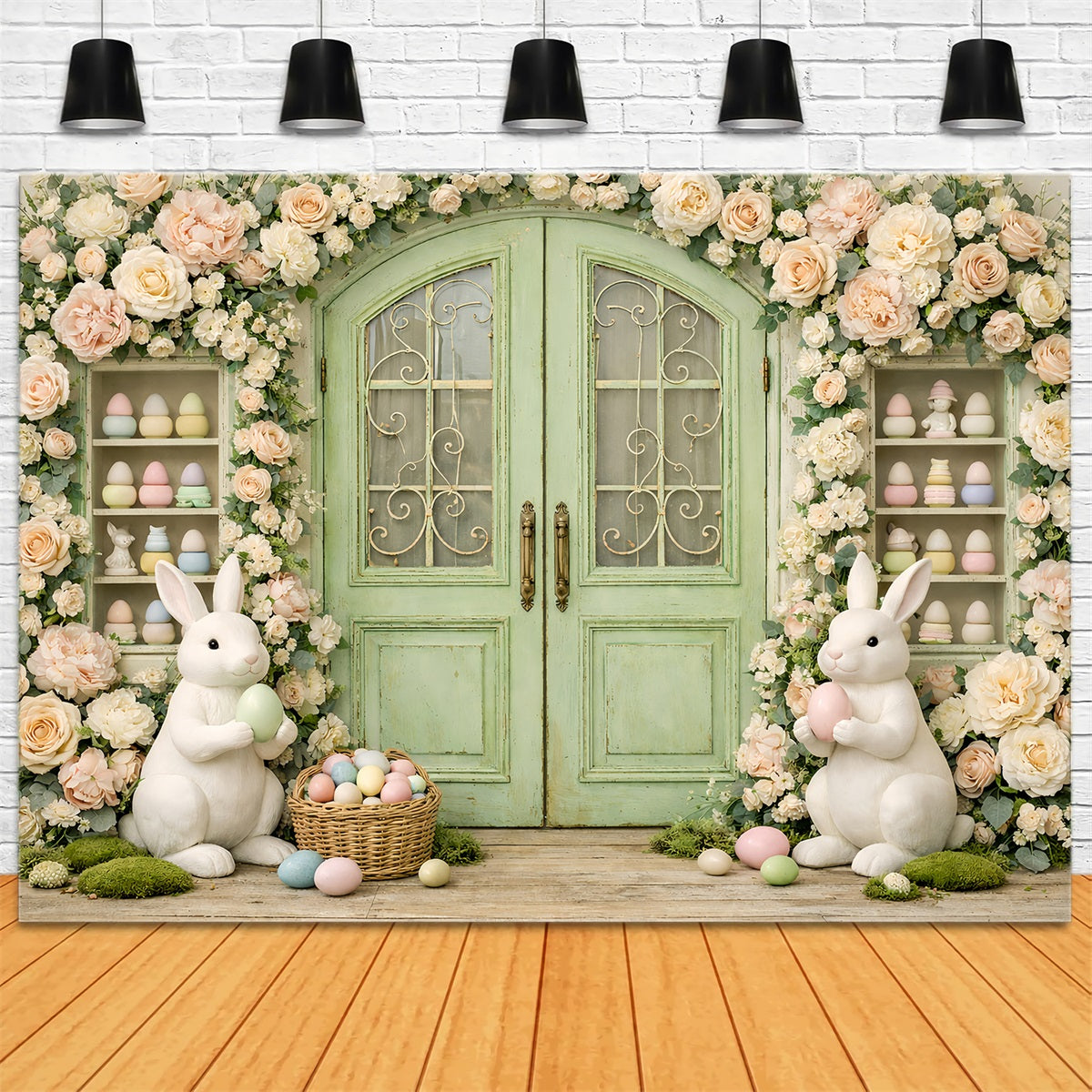 Fotografie Osterhase-Hintergrund Vintage-Garten-Kranz Türöffnung Oster-Themenhintergrund GQ61-29