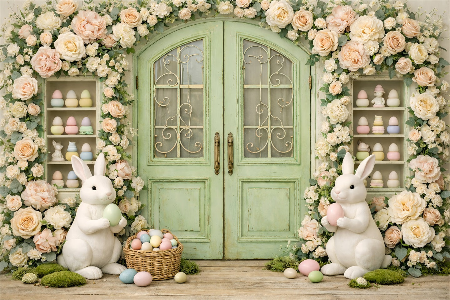 Fotografie Osterhase-Hintergrund Vintage-Garten-Kranz Türöffnung Oster-Themenhintergrund GQ61-29
