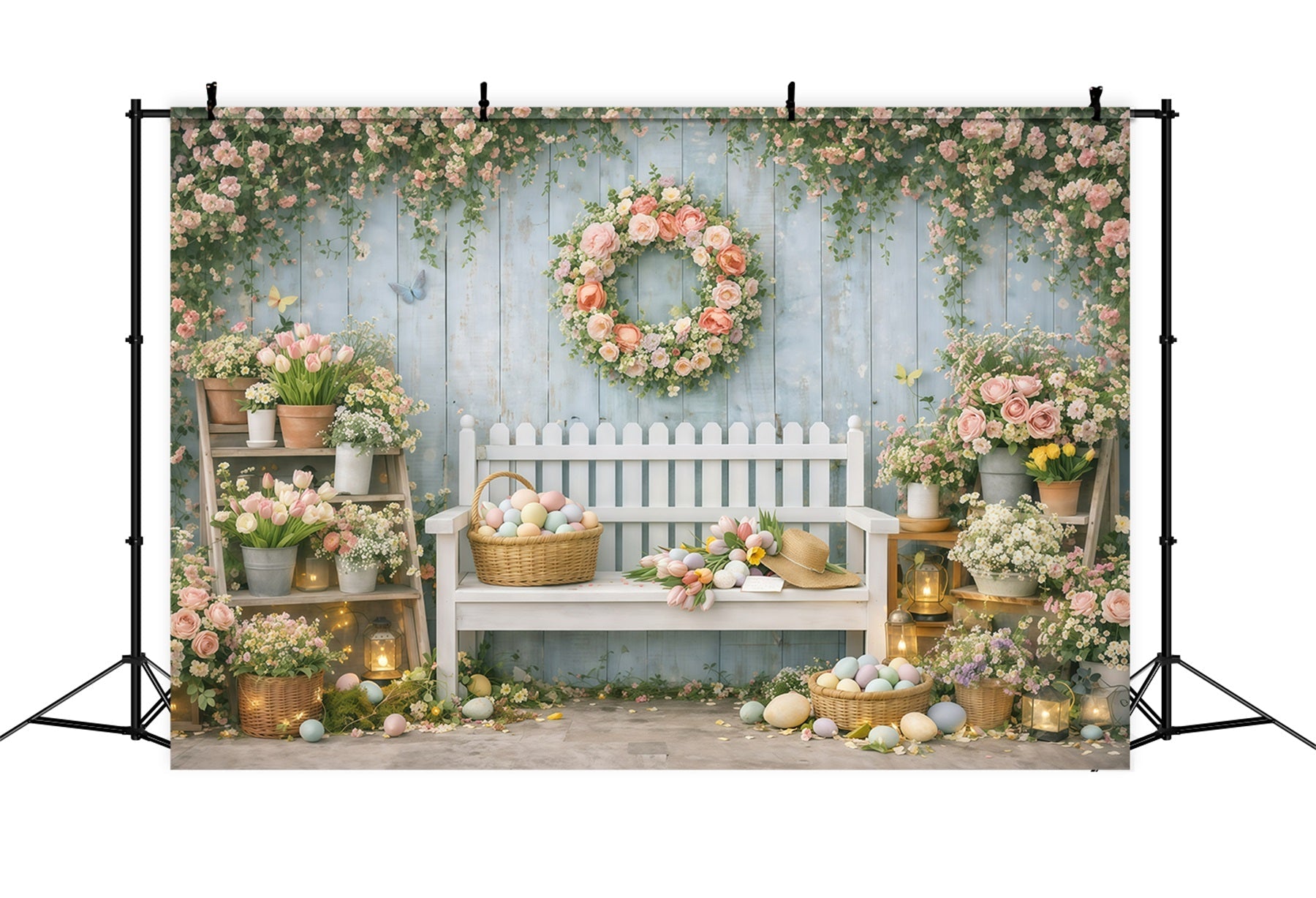 Osterhintergrund mit Bank, Frühlingsblumen und Gärtnerei Osterhintergrund für Fotos GQ61-33