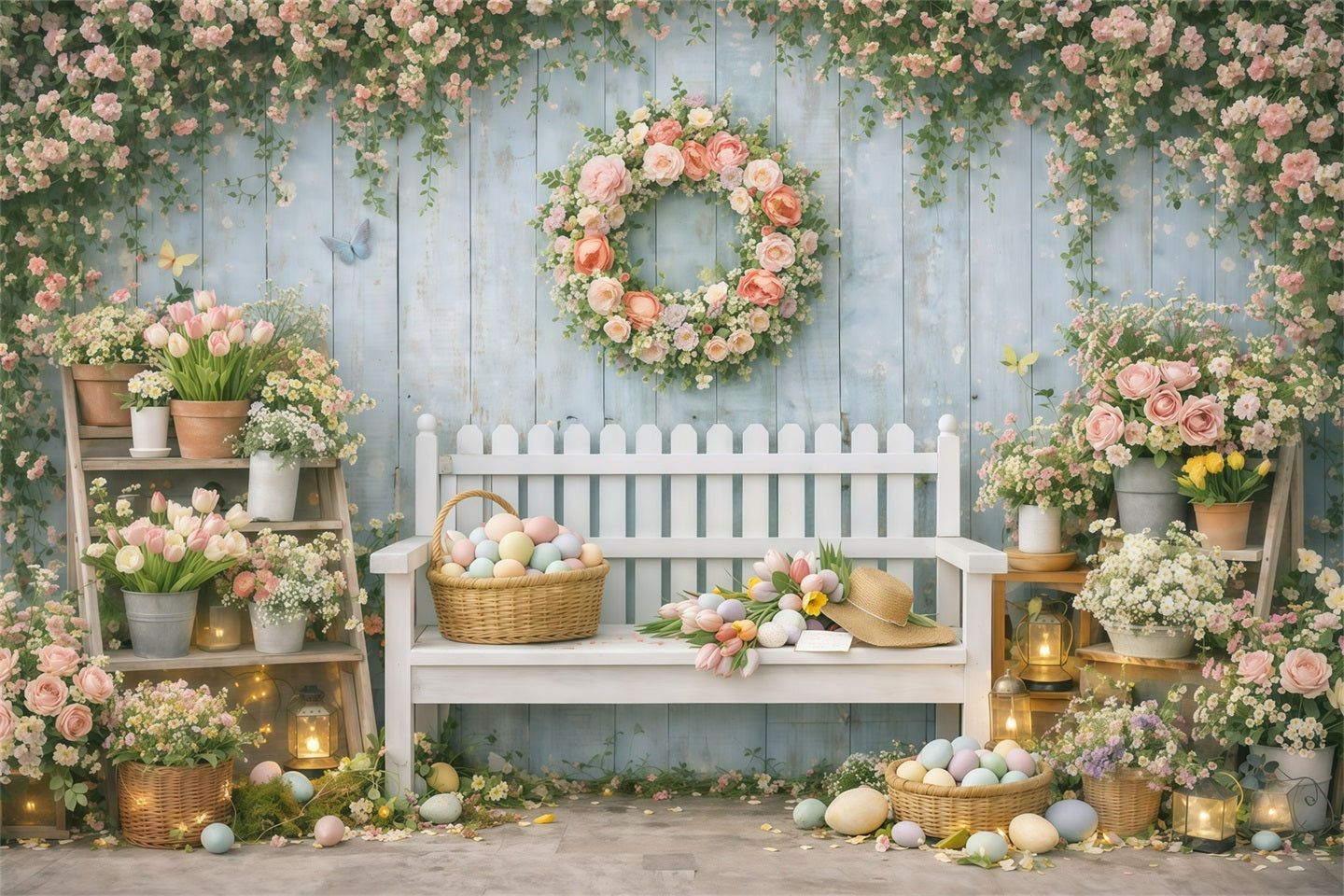 Osterhintergrund mit Bank, Frühlingsblumen und Gärtnerei Osterhintergrund für Fotos GQ61-33