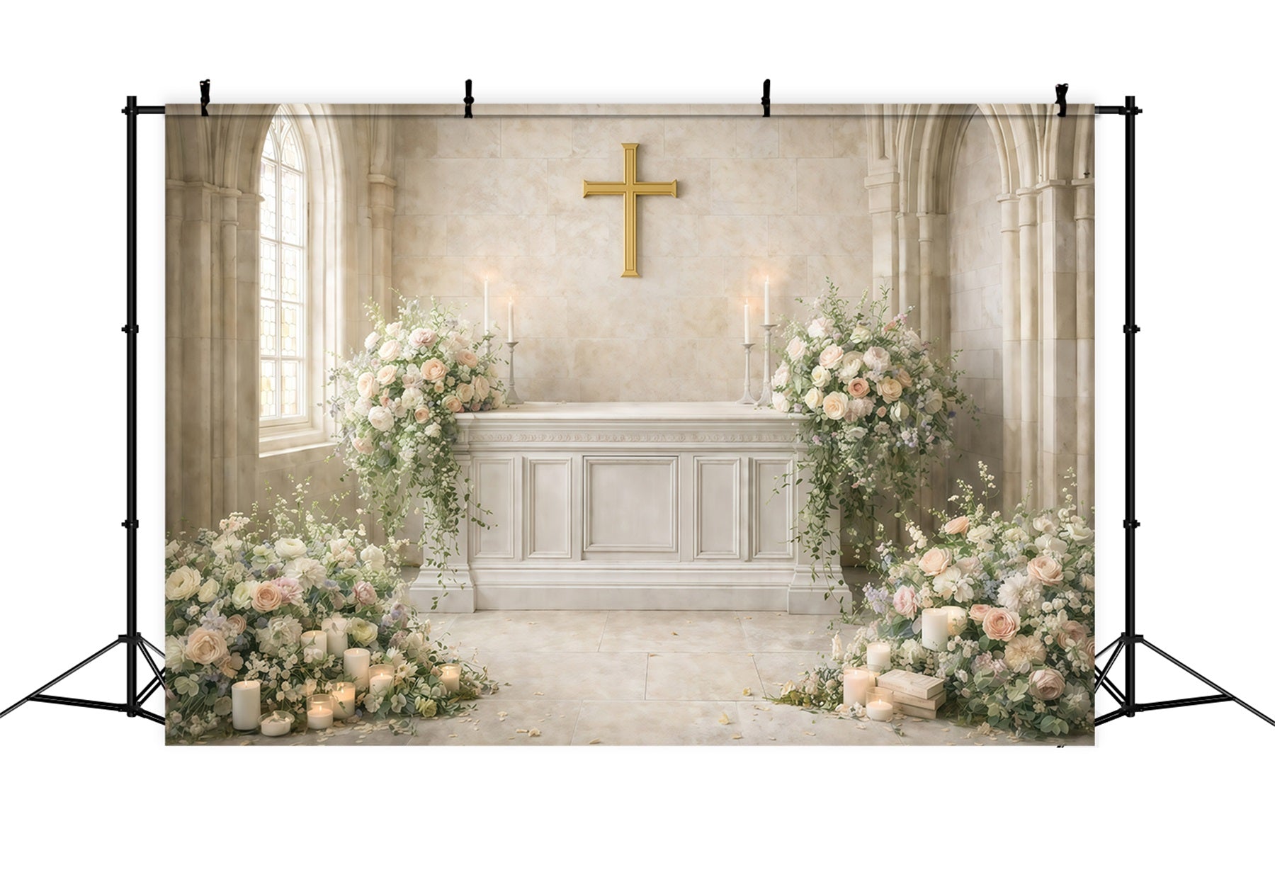 Kirchen-Oster-Fotohintergrund Heilige Kirche Kreuz Blumenhintergrund für Ostern GQ61-35