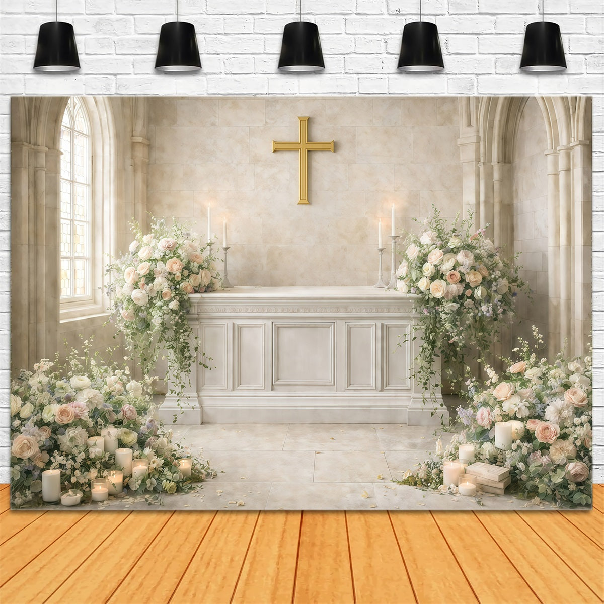 Kirchen-Oster-Fotohintergrund Heilige Kirche Kreuz Blumenhintergrund für Ostern GQ61-35