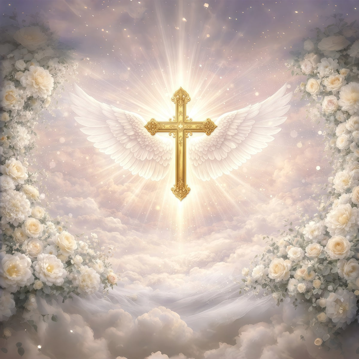 Oster-Hintergründe mit religiösem Motiv Engel mit Flügeln Goldenes Kreuz Oster-Fotoshooting-Hintergrund GQ61-36