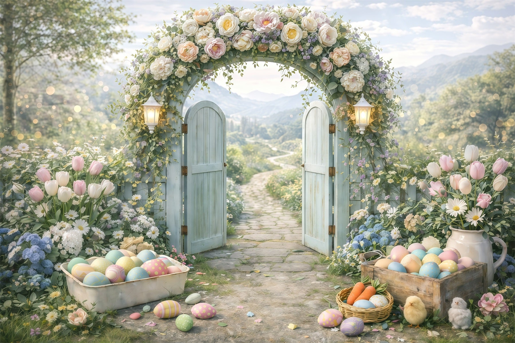 Osterblumenhintergrund Frühlingsgartenbogen Eingang Eier-Fotohintergrund Ostern GQ61-44