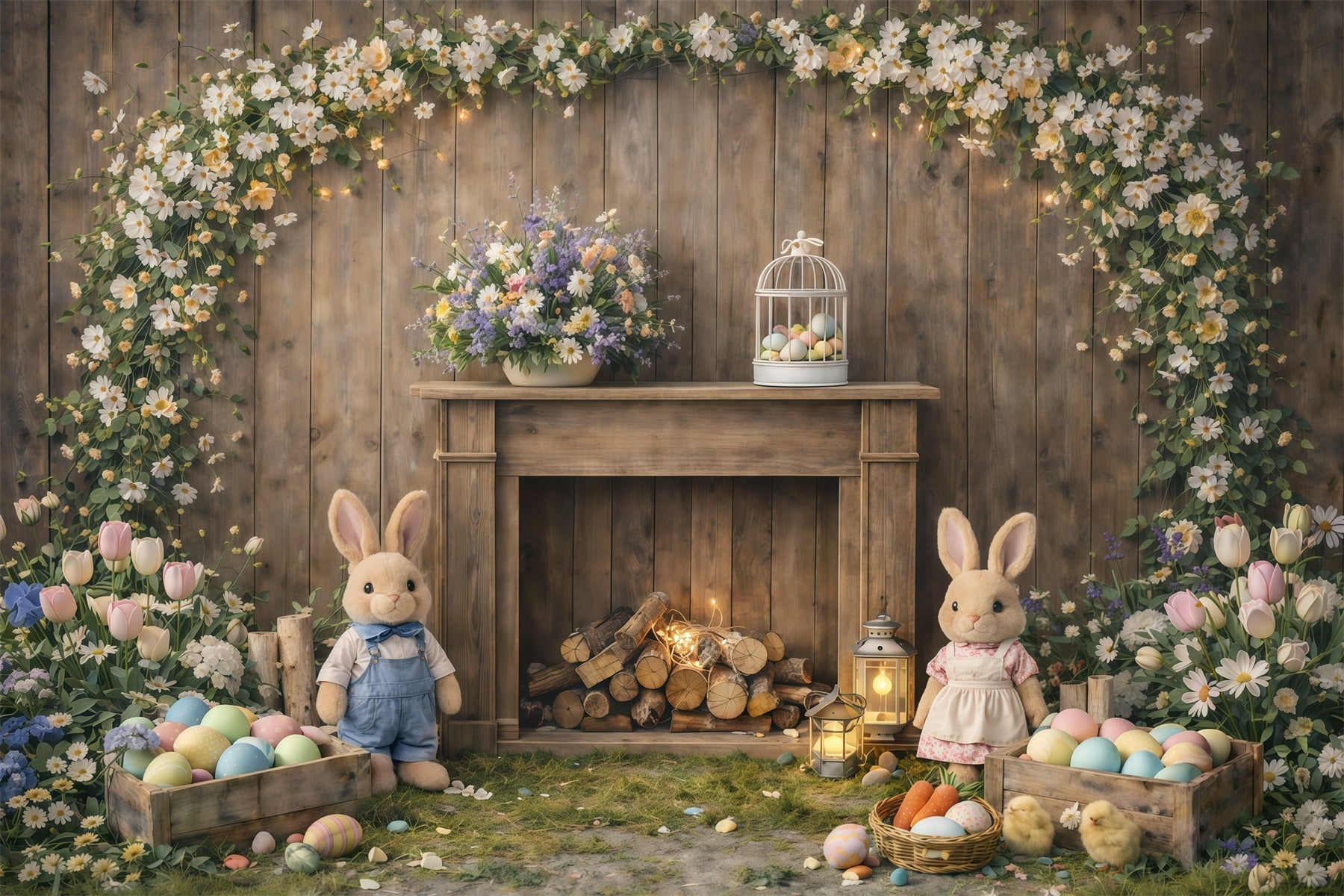 Peter Rabbit Hintergrund Rustikaler Kaminsims Hasenblumen Osterhintergrund für Fotografie GQ61-45