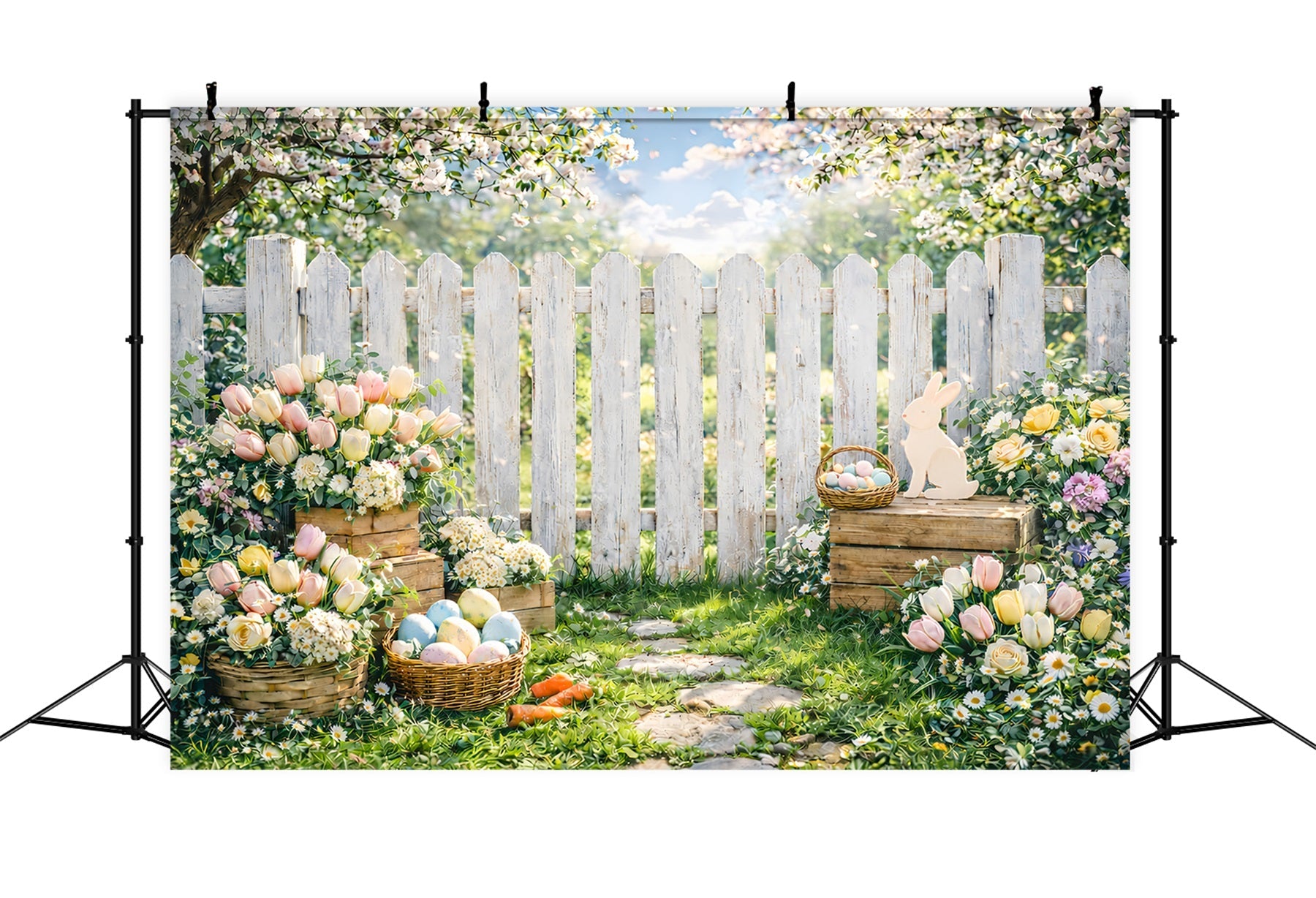 Oster-Frühlingshintergrund Garten-Lattenzaun Kirschblüten-Osterhintergrund Foto GQ61-50