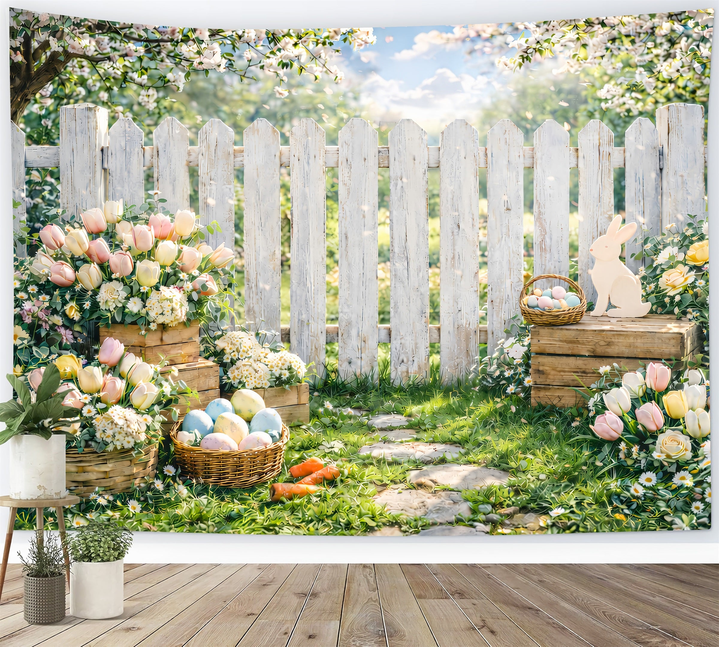 Oster-Frühlingshintergrund Garten-Lattenzaun Kirschblüten-Osterhintergrund Foto GQ61-50