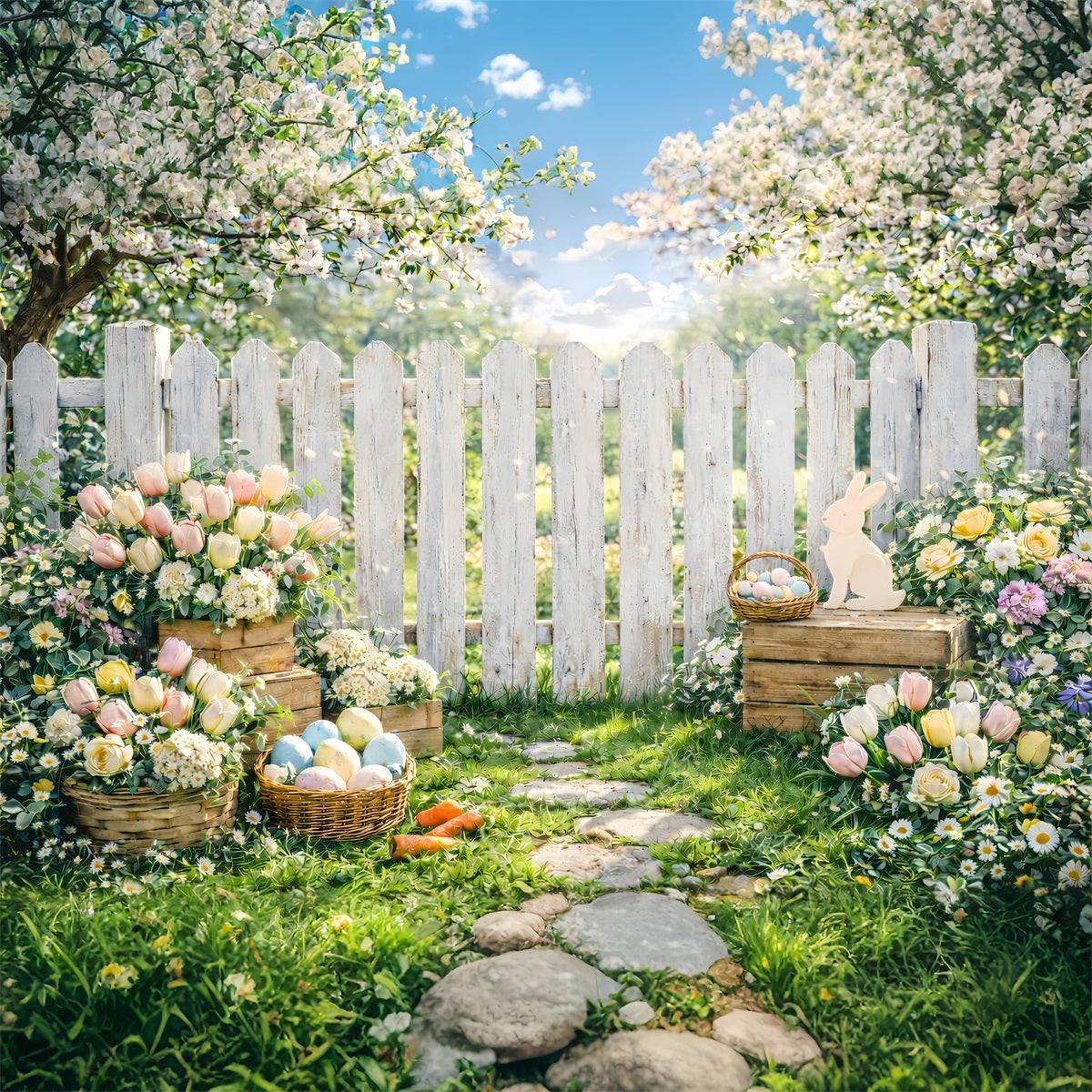 Oster-Frühlingshintergrund Garten-Lattenzaun Kirschblüten-Osterhintergrund Foto GQ61-50